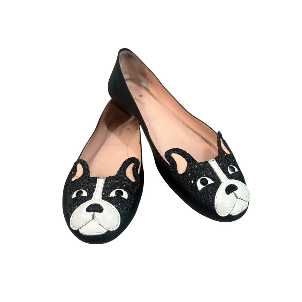 RARE Kate Spade Boston Terrier Winthrop Flats 8 Glitter Frenchie Novelty Leather - Picture 1 of 11